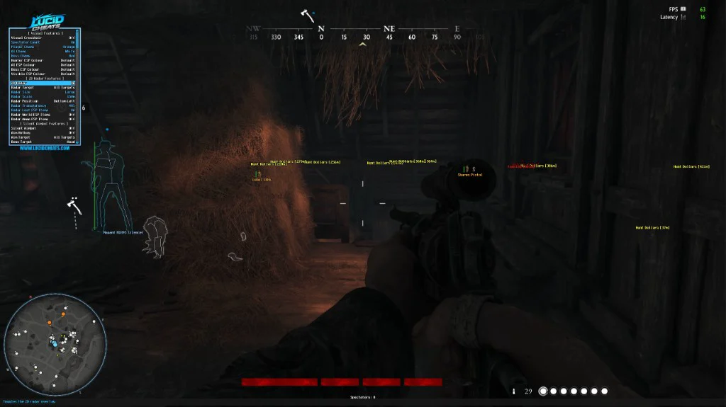 LucidCheats Hunt Showdown cheat showing 2D radar, hunter ESP, Item In Hand ESP, and loot ESP