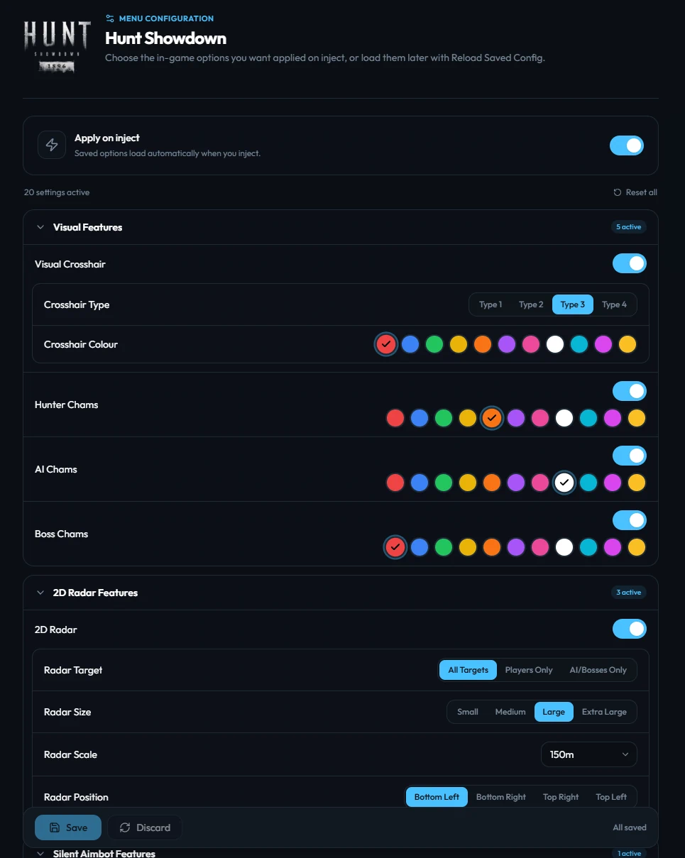 Dashboard menu configuration for the Hunt Showdown cheat